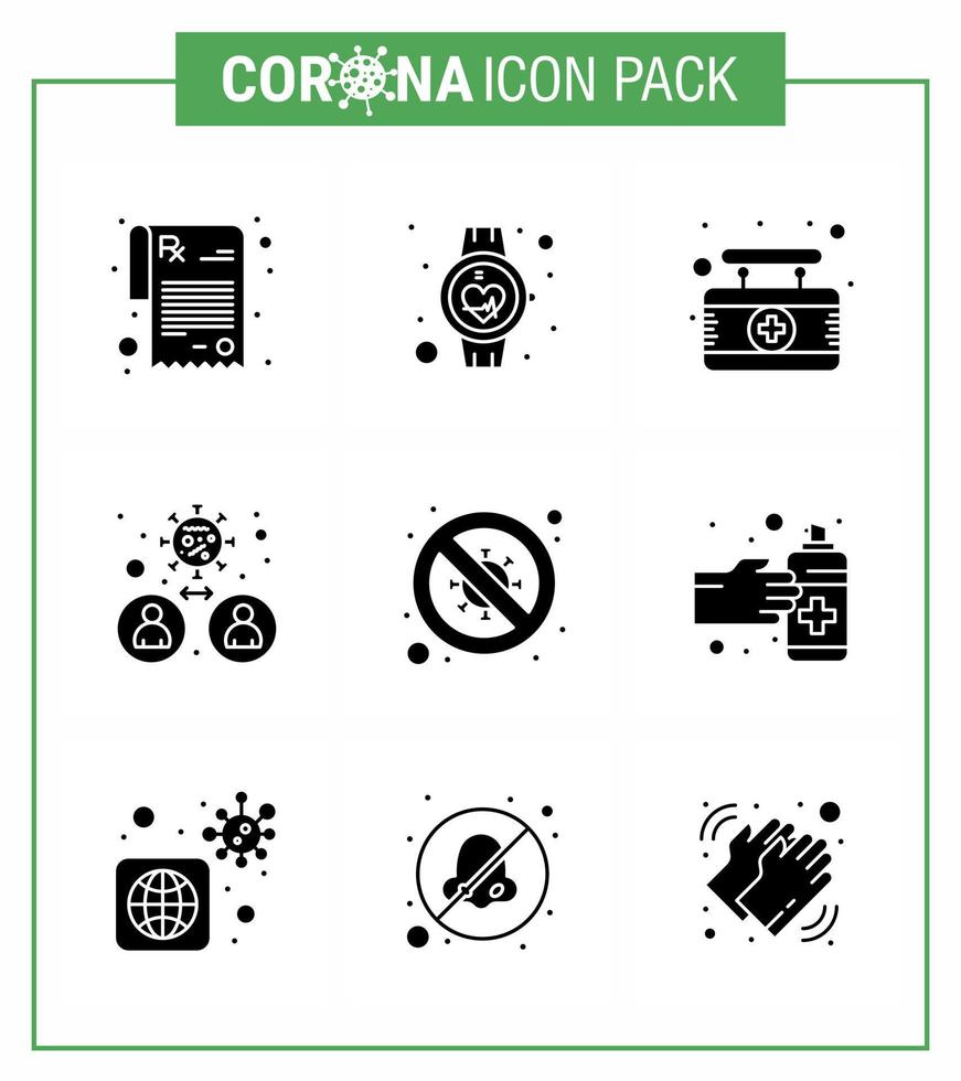 CORONAVIRUS 9 Solid Glyph Black Icon set on the theme of Corona epidemic contains icons such as bacteria transmission board people bacteria viral coronavirus 2019nov disease Vector Design Elemen