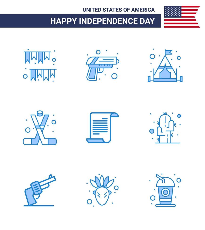 Set of 9 Vector Blues on 4th July USA Independence Day such as file american weapon sports hockey Editable USA Day Vector Design Elements
