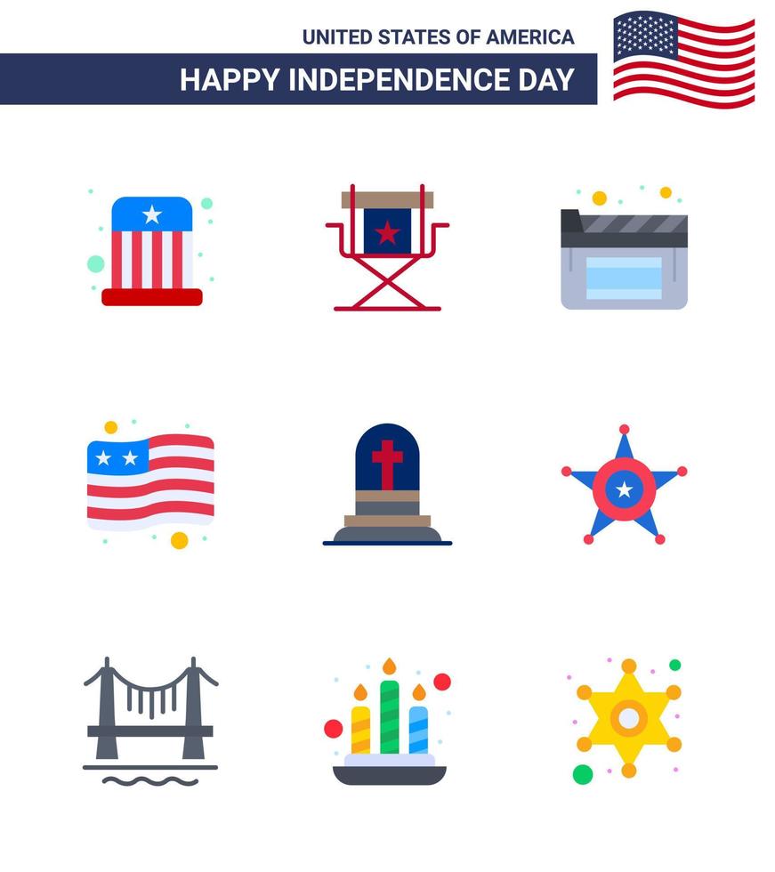 Group of 9 Flats Set for Independence day of United States of America such as gravestone death television usa country Editable USA Day Vector Design Elements