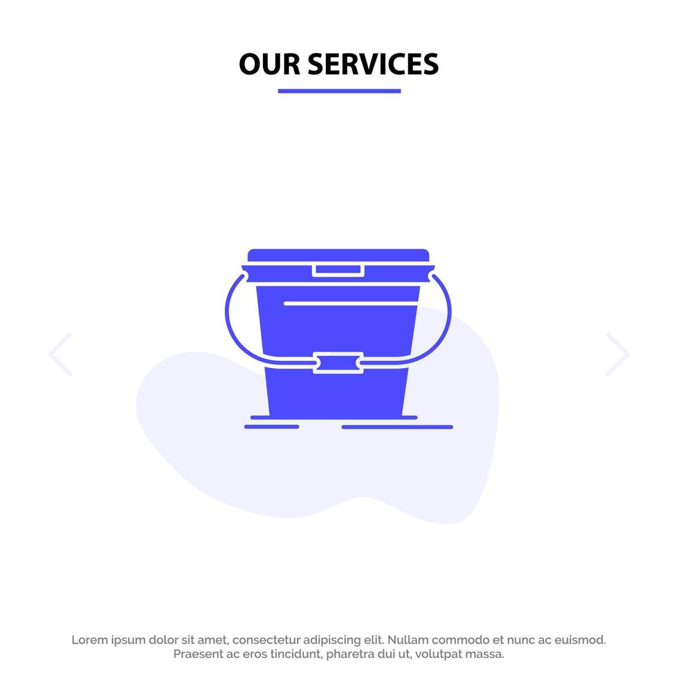 nuestros servicios limpieza de cubos agua de lavado icono de glifo sólido plantilla de tarjeta web vector