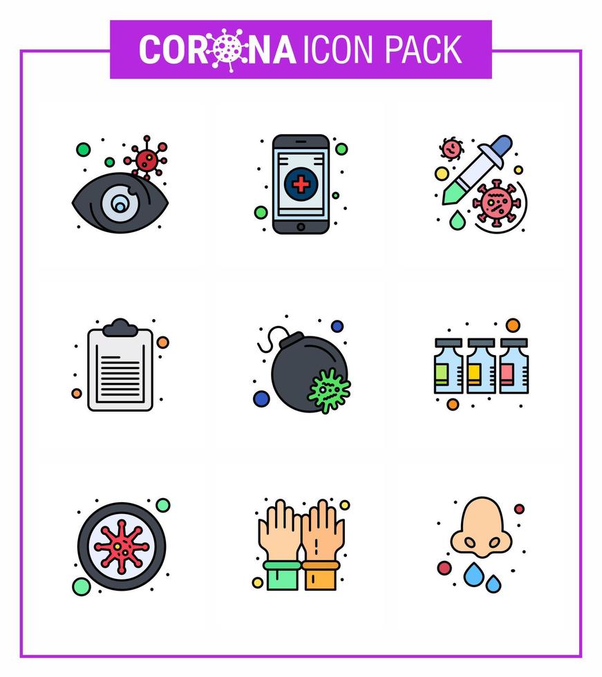 9 Filled Line Flat Color viral Virus corona icon pack such as virus attack medicine list check list viral coronavirus 2019nov disease Vector Design Elements