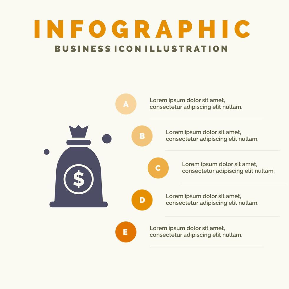 dólar dinero bolsa sólido icono infografía 5 pasos presentación fondo vector