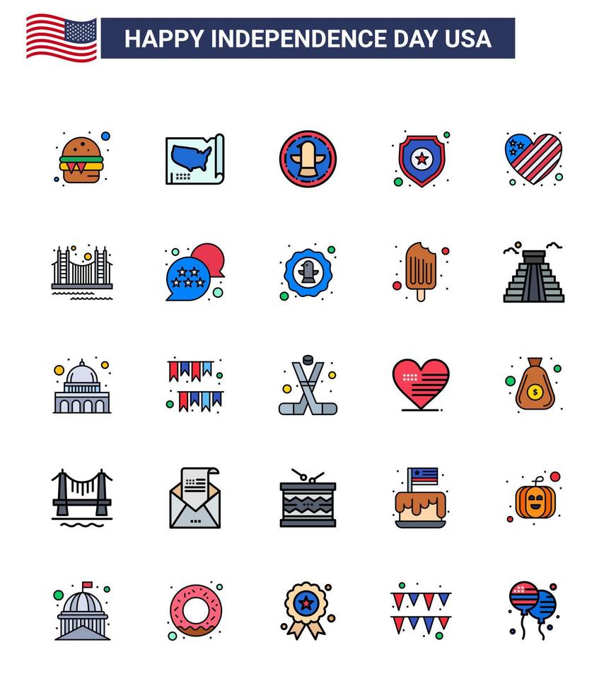 paquete de 25 líneas creativas llenas planas relacionadas con el día de la independencia de EE. UU. De signo de bandera escudo de estrella estadounidense elementos de diseño vectorial editables del día de EE. UU. vector
