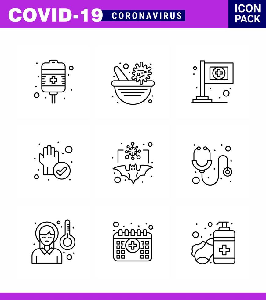 iconos de conjunto de prevención de coronavirus icono de 9 líneas como asistencia de murciélago de coronavirus limpiado proteger elementos de diseño de vector de enfermedad de coronavirus viral 2019nov