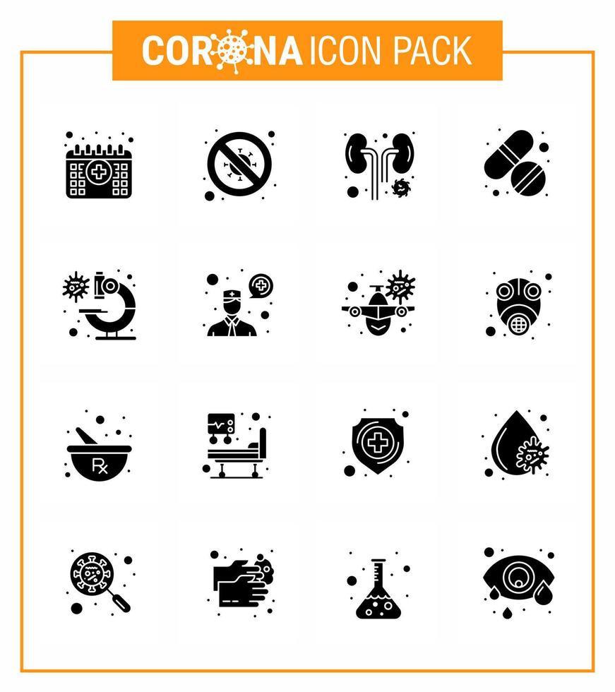 16 paquete de iconos de corona de virus viral negro de glifo sólido, como píldora de atención, científico, medicina, infección, coronavirus viral, 2019nov, elementos de diseño de vectores de enfermedad