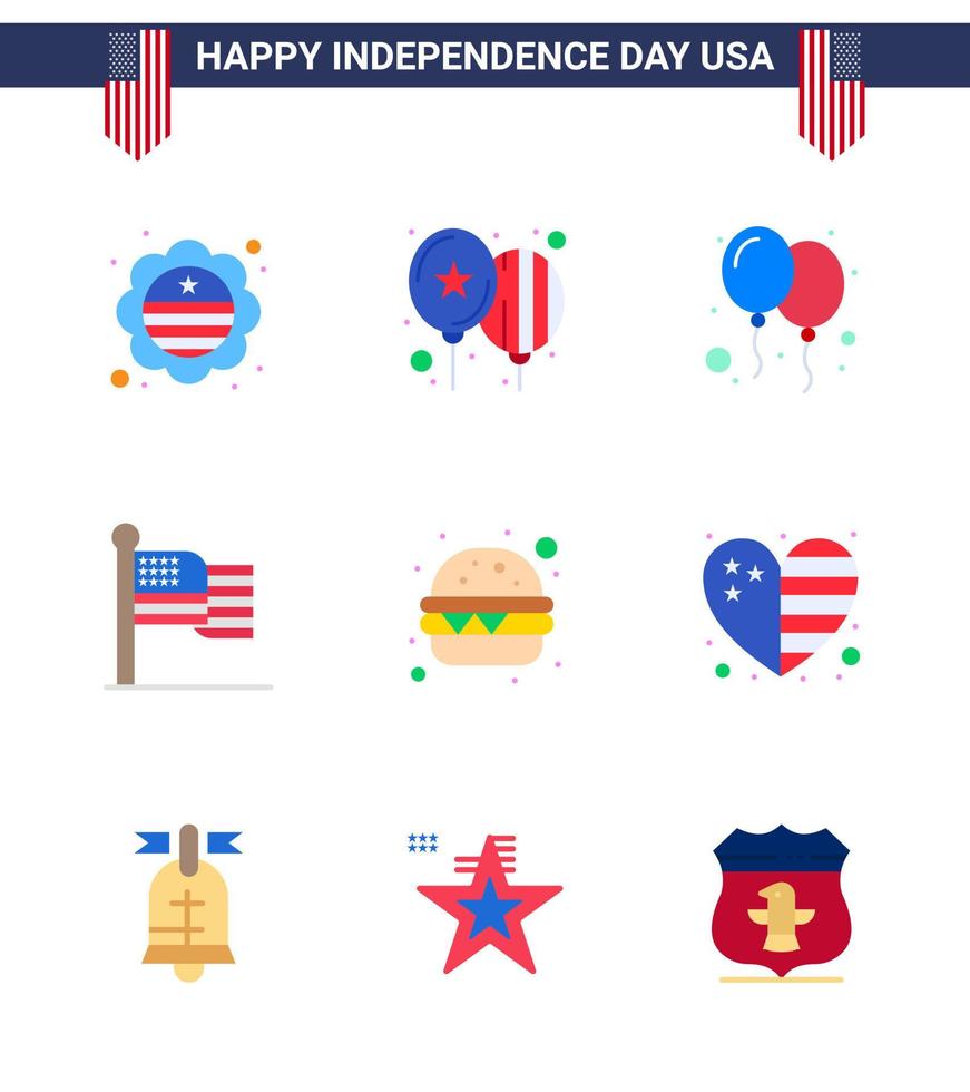 4th July USA Happy Independence Day Icon Symbols Group of 9 Modern Flats of flag heart american meal burger Editable USA Day Vector Design Elements