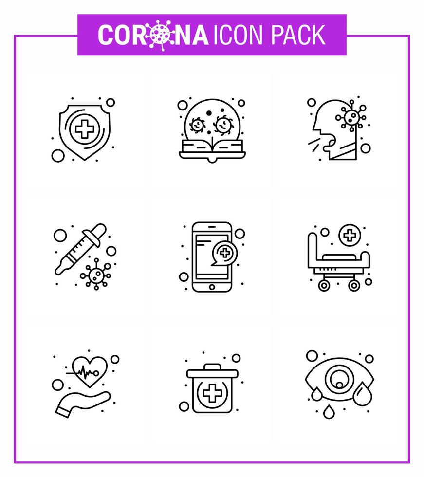 Covid19 icon set for infographic 9 Line pack such as virus petri virus dropper people viral coronavirus 2019nov disease Vector Design Elements