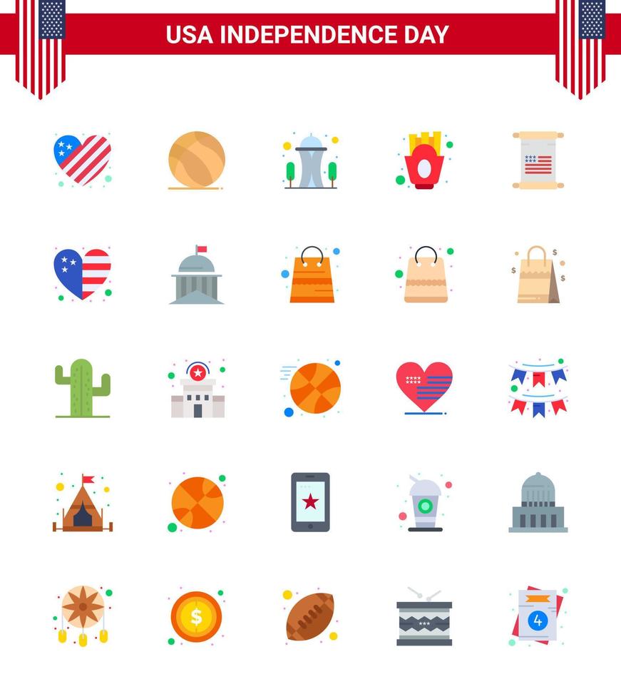 4th July USA Happy Independence Day Icon Symbols Group of 25 Modern Flats of text food building fries chips Editable USA Day Vector Design Elements