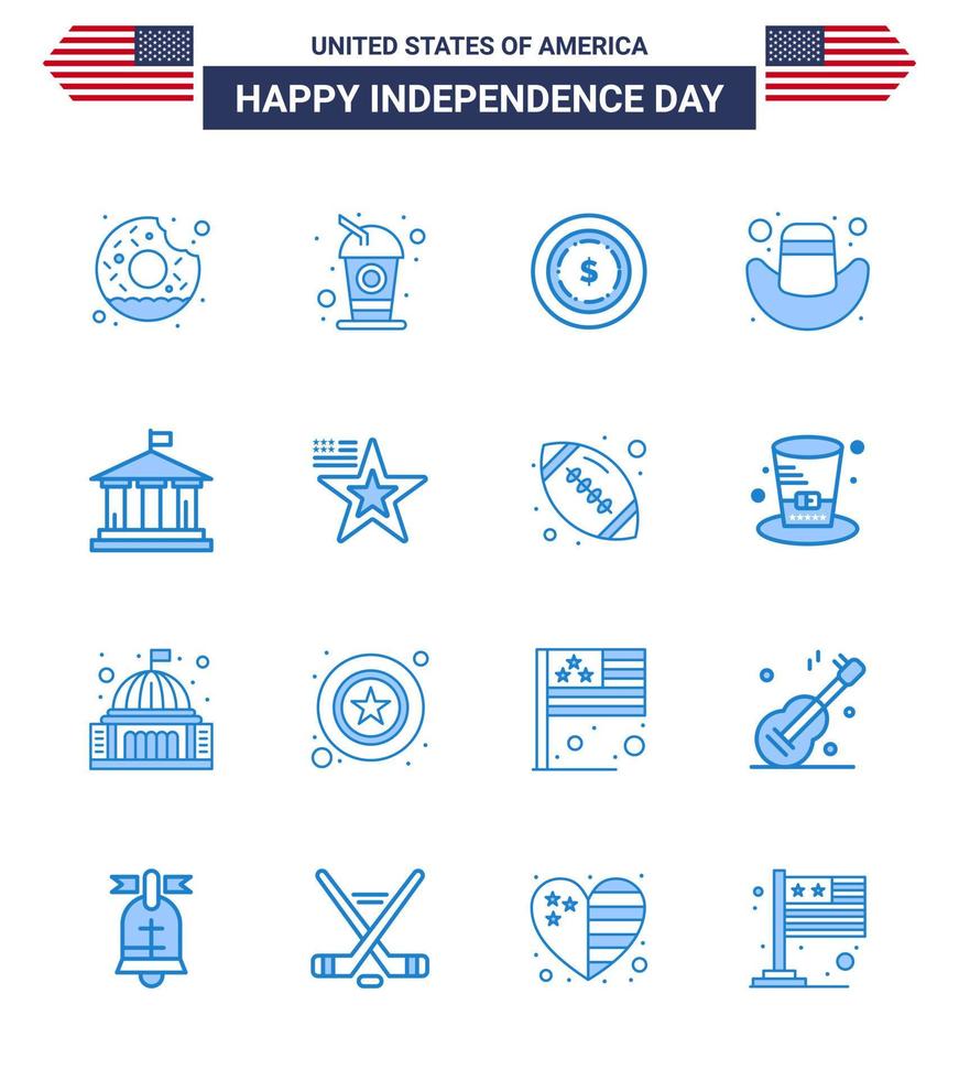 USA Happy Independence DayPictogram Set of 16 Simple Blues of usa flag american bank cap Editable USA Day Vector Design Elements