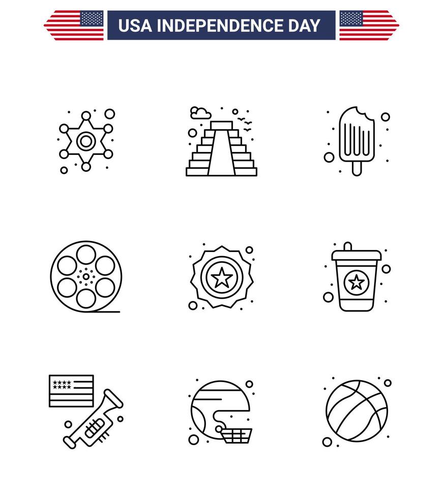 conjunto de 9 iconos del día de los ee.uu. símbolos americanos signos del día de la independencia para la seguridad video frío americano movis elementos de diseño vectorial editables del día de los ee.uu. vector