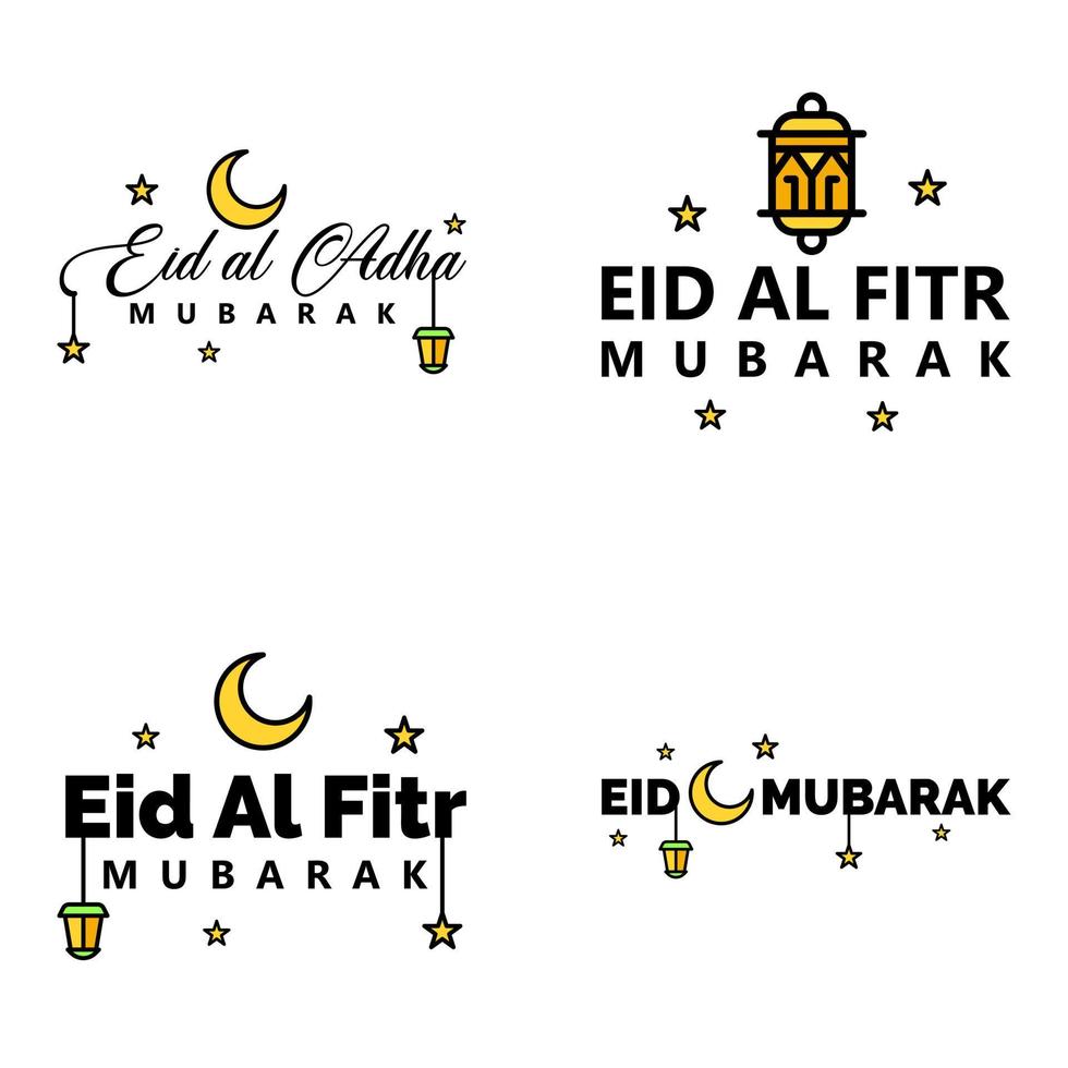 Eid Mubarak Calligraphy Pack Of 4 Greeting Messages Hanging Stars and Moon on Isolated White Background Religious Muslim Holiday vector