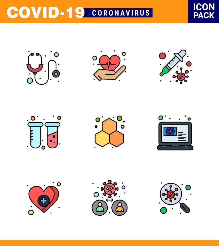 Corona virus 2019 and 2020 epidemic 9 Filled Line Flat Color icon pack such as laboratory chemistry petri lab test viral coronavirus 2019nov disease Vector Design Elements