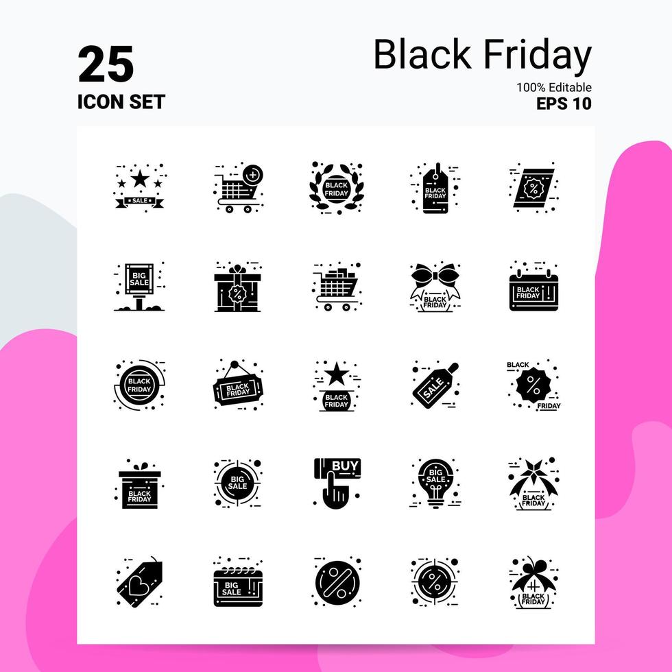 25 conjunto de iconos de viernes negro 100 archivos editables eps 10 ideas de concepto de logotipo de empresa diseño de icono de glifo sólido vector