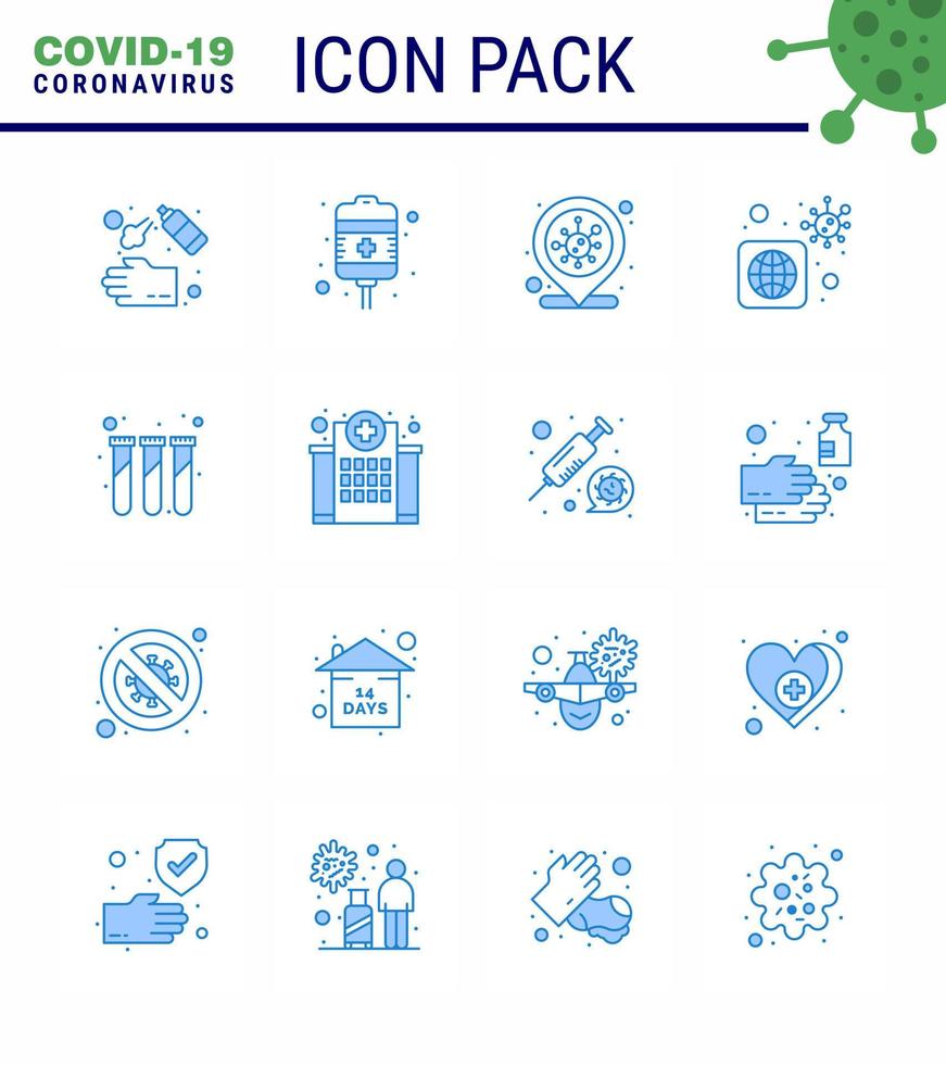 16 Blue Coronavirus Covid19 Icon pack such as experiment virus health care bacteria infection place viral coronavirus 2019nov disease Vector Design Elements