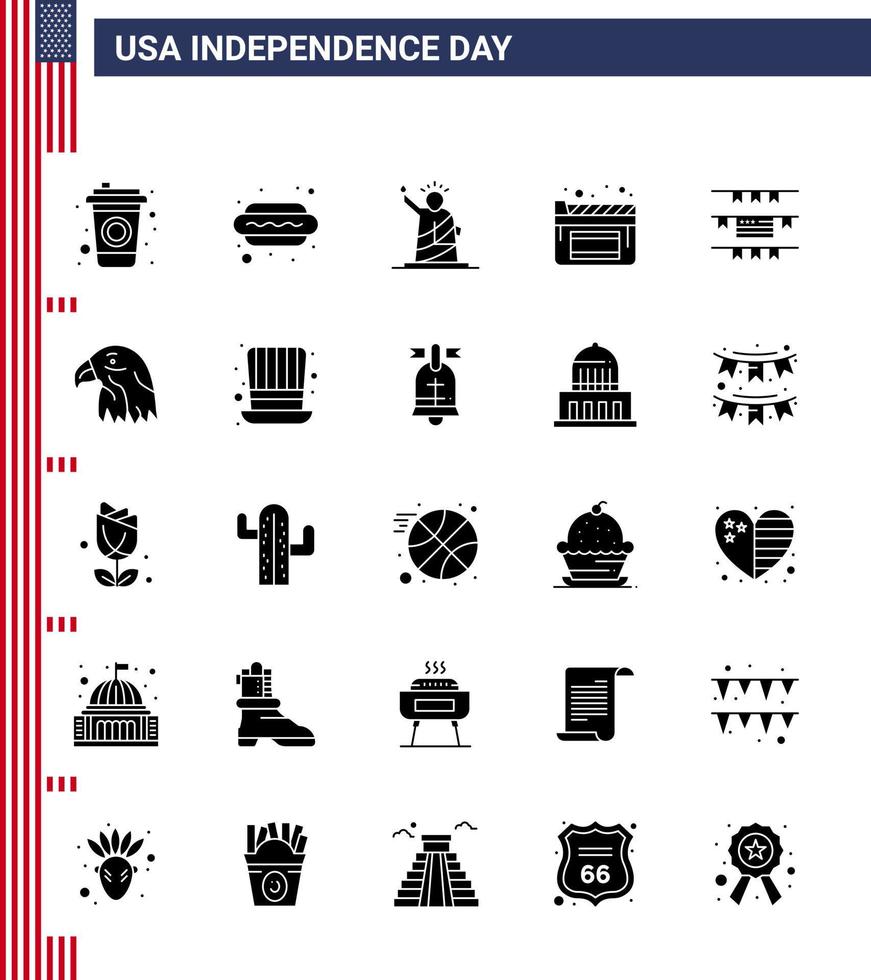 paquete de 25 celebración del día de la independencia de estados unidos signos de glifos sólidos y símbolos del 4 de julio como empavesados americanos película de la libertad cine elementos de diseño vectorial del día de estados unidos editables vector