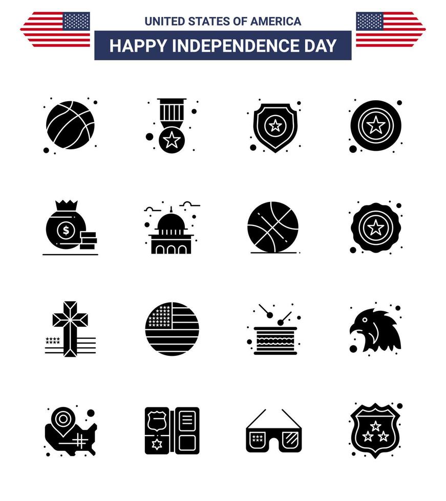 USA Independence Day Solid Glyph Set of 16 USA Pictograms of bag sign shield star men Editable USA Day Vector Design Elements