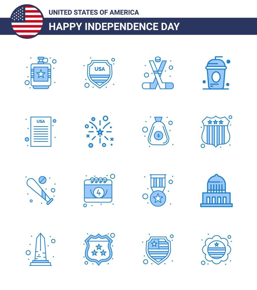 Big Pack of 16 USA Happy Independence Day USA Vector Blues and Editable Symbols of holiday cole usa cake american Editable USA Day Vector Design Elements