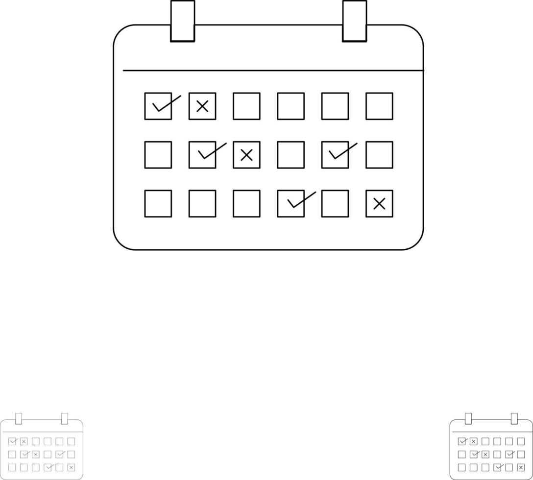 calendario fecha mes año tiempo audaz y delgada línea negra conjunto de iconos vector
