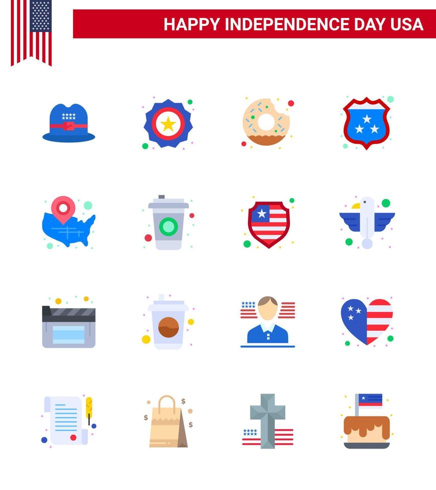 Set of 16 Vector Flats on 4th July USA Independence Day such as usa map round police security Editable USA Day Vector Design Elements