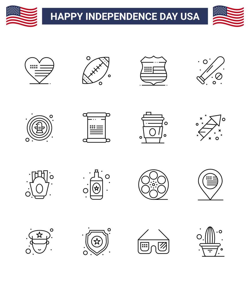 Happy Independence Day 16 Lines Icon Pack for Web and Print american sports shield bat ball Editable USA Day Vector Design Elements