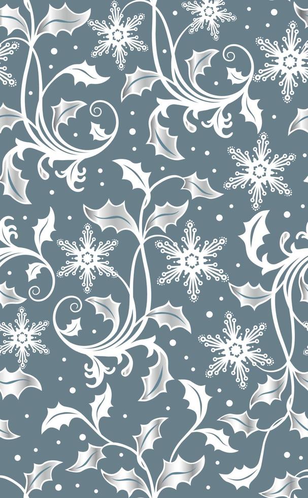 hojas de acebo de navidad con lámina de plata y copos de nieve sobre fondo azul-patrón de vector transparente de navidad