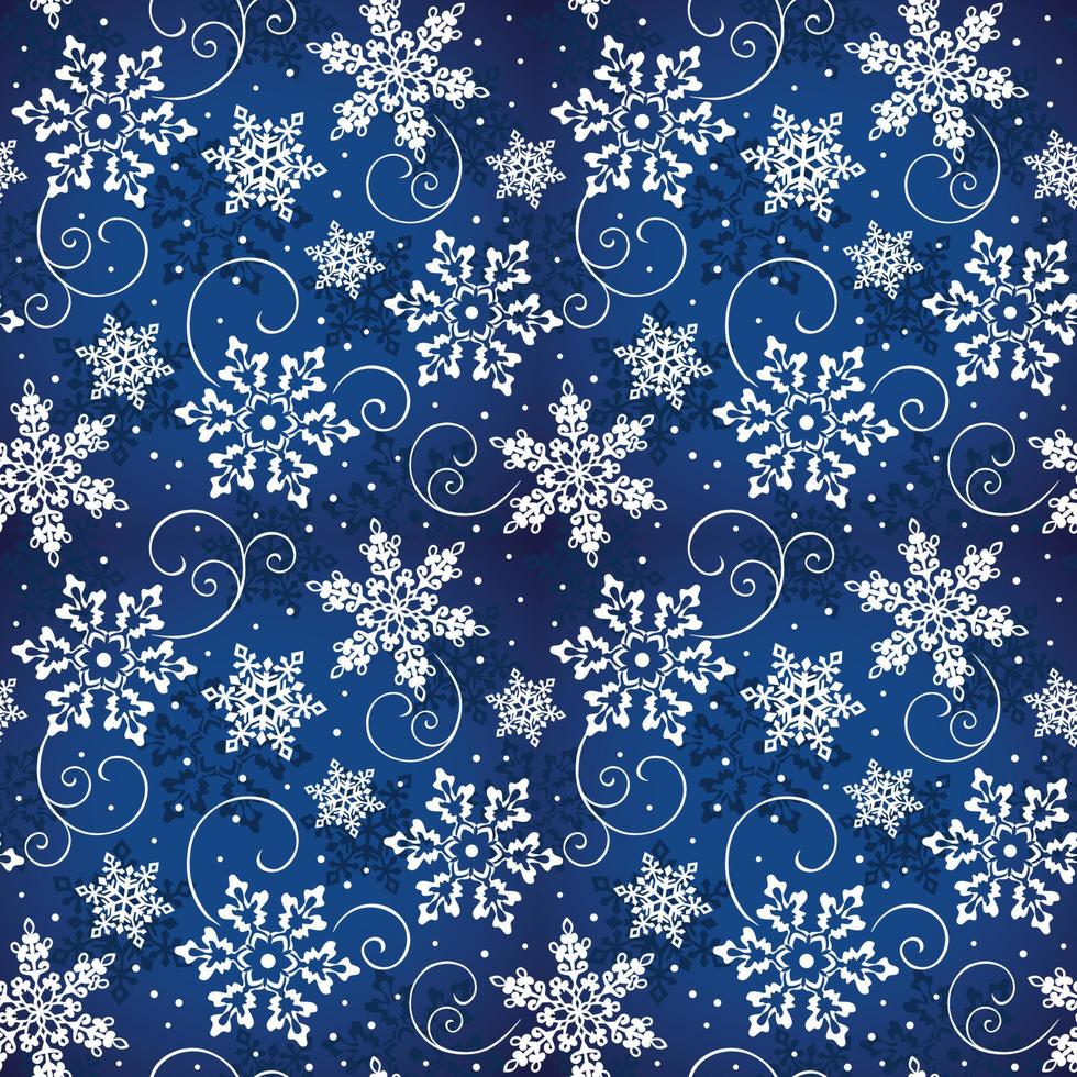 Seamless pattern of Christmas Snowflakes with Swirls -Christmas vector blue background