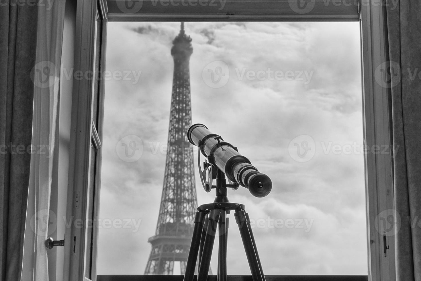 paris tour eiffel view from room in black and white photo