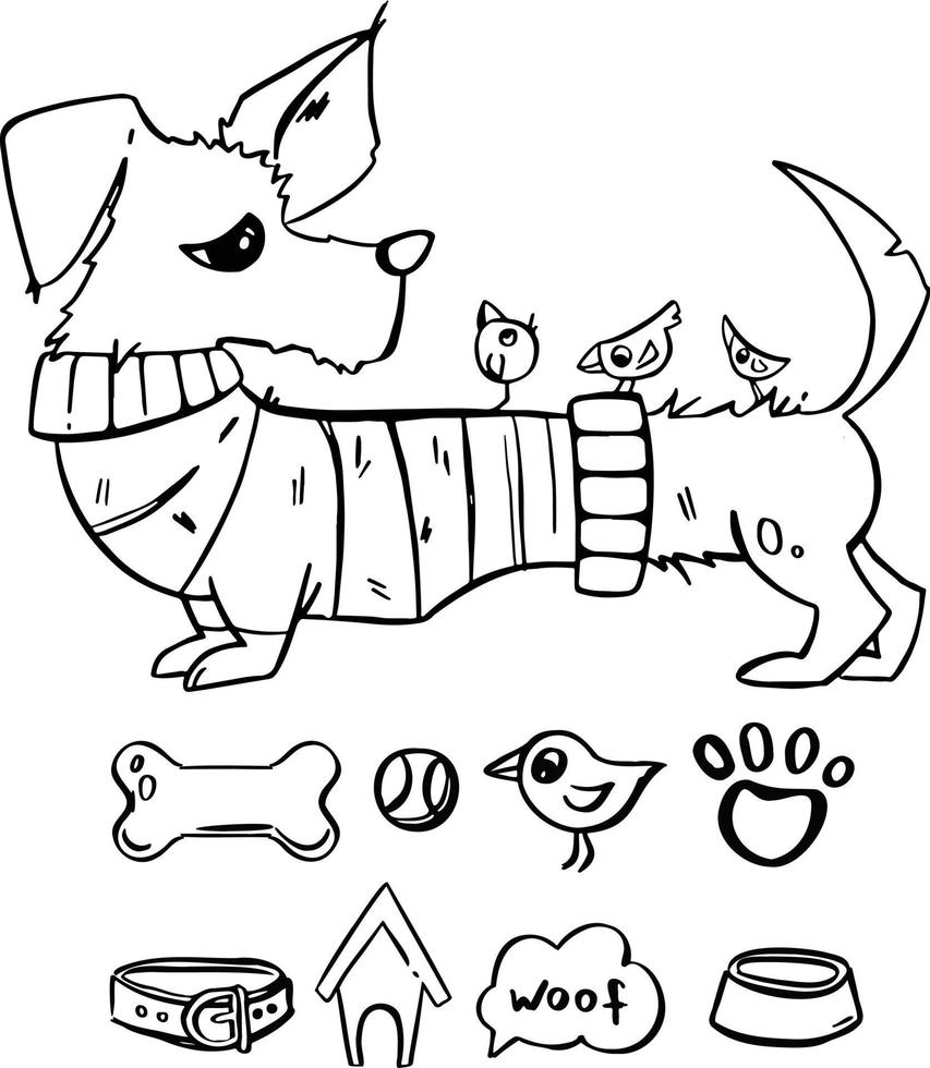 conjunto de líneas para perros collar de bola de tazón de hueso, boceto de ilustración de símbolo vector