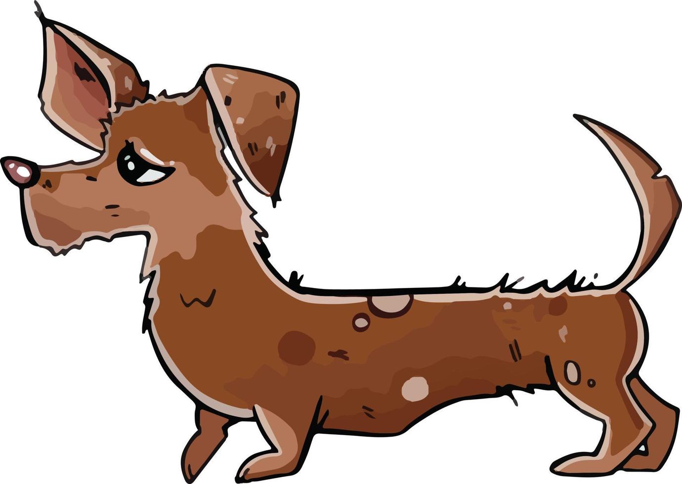 Cartoon style. The dog is standing sideways, the puppy is a cute brown dachshund. vector illustration