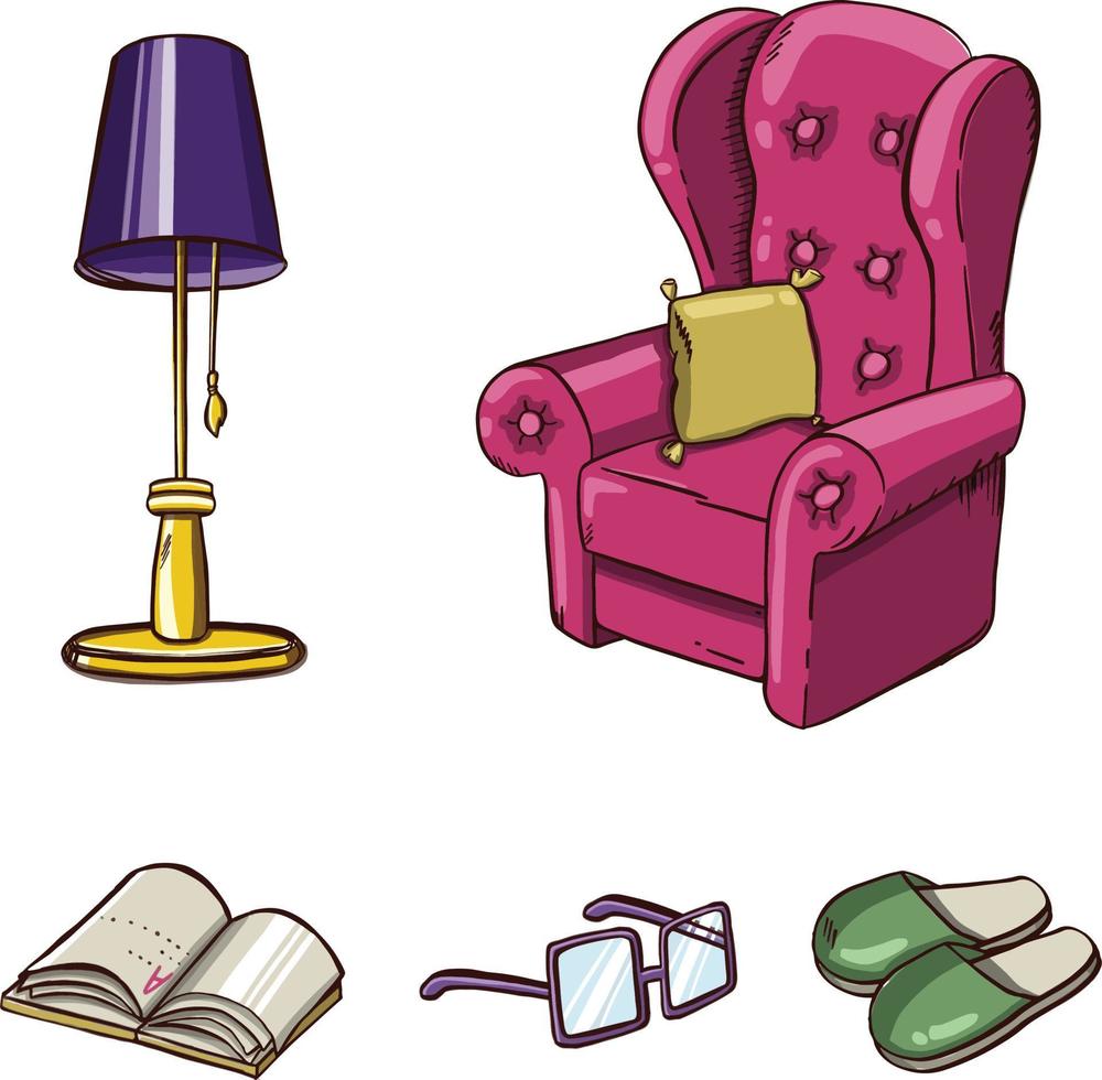 A set of furniture for rest and sleep is colored. Sofa, armchair, bed. illustration vector