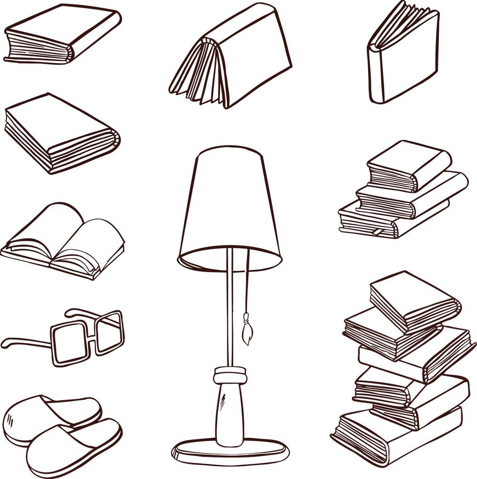 Book set for reading, textbooks, lamp, glasses line illustration vector