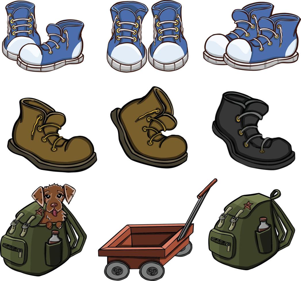 set of camping and hiking equipment, outdoors adventure, recreation tourism. Isolated items needed in the journey. vector