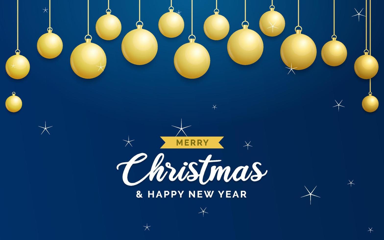 fondo azul de navidad con bolas doradas brillantes colgantes. tarjeta de felicitación de feliz navidad. cartel de vacaciones de navidad y año nuevo. banner web vector