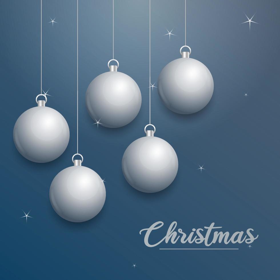 Vector Christmas banner with decorations. Merry Christmas text. silver ornaments on blue background