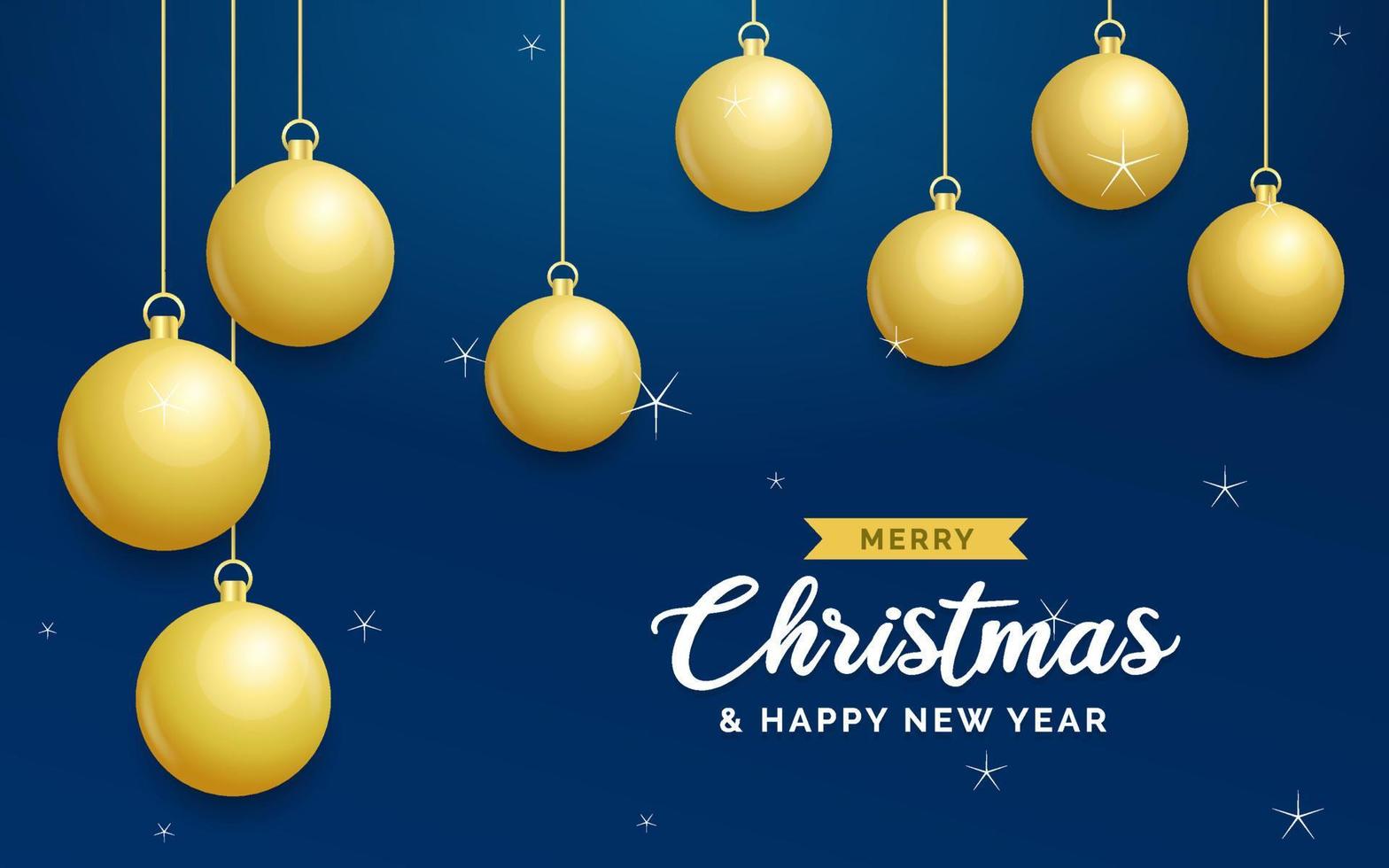 Christmas blue background with hanging shining golden balls. Merry christmas greeting card. Holiday Xmas and New Year poster. web banner vector