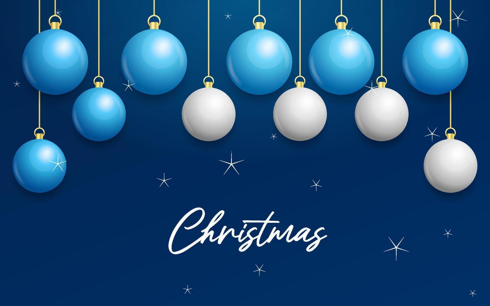 Christmas blue background with hanging shining white and Silver balls. Merry christmas greeting card vector