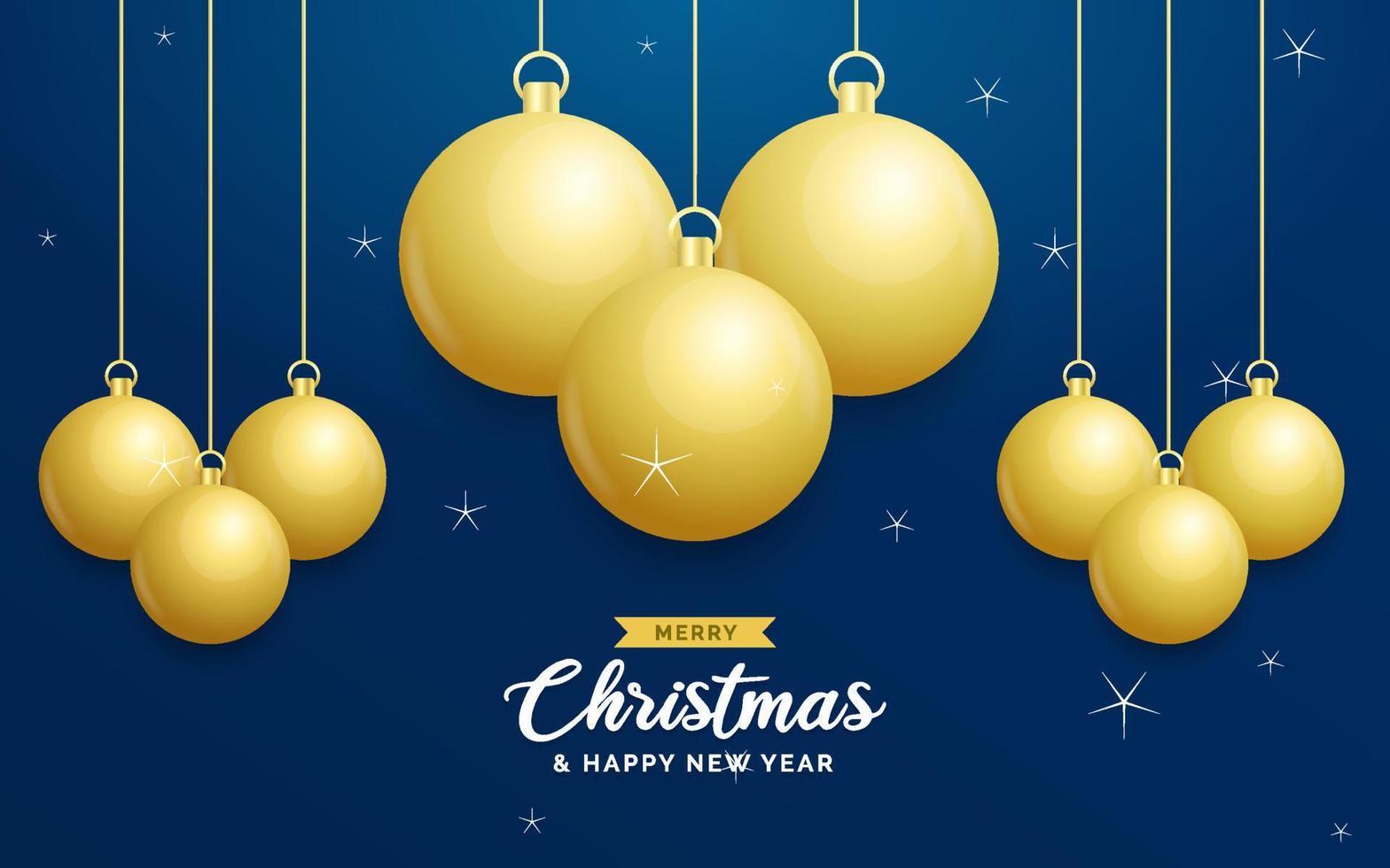 Christmas blue background with hanging shining golden balls. Merry christmas greeting card. Holiday Xmas and New Year poster. web banner vector