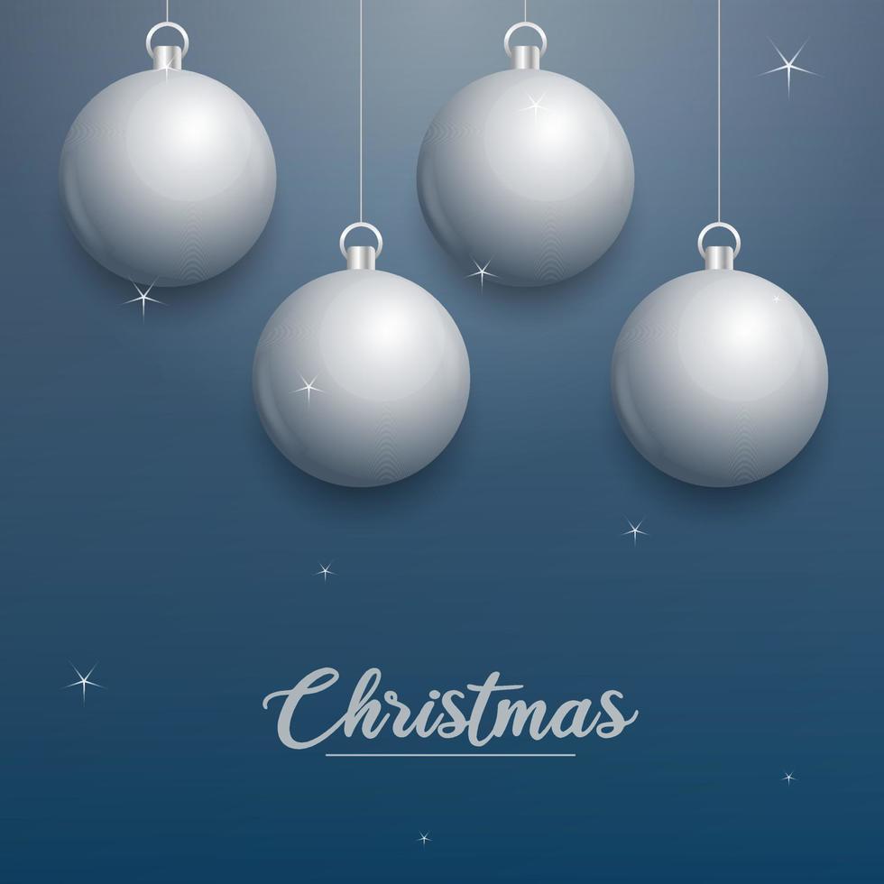 banner de navidad vectorial con decoraciones. texto de feliz navidad. adornos de plata sobre fondo azul vector