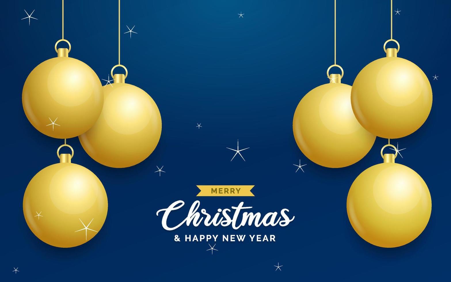 fondo azul de navidad con bolas doradas brillantes colgantes. tarjeta de felicitación de feliz navidad. cartel de vacaciones de navidad y año nuevo. banner web vector