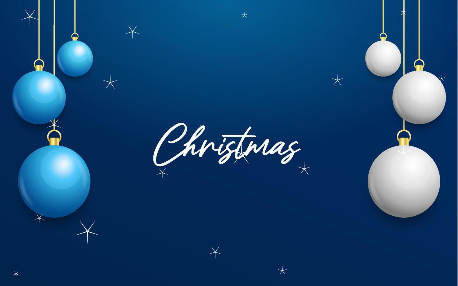 fondo azul navideño con bolas colgantes blancas y plateadas brillantes. feliz navidad tarjeta de felicitacion vector