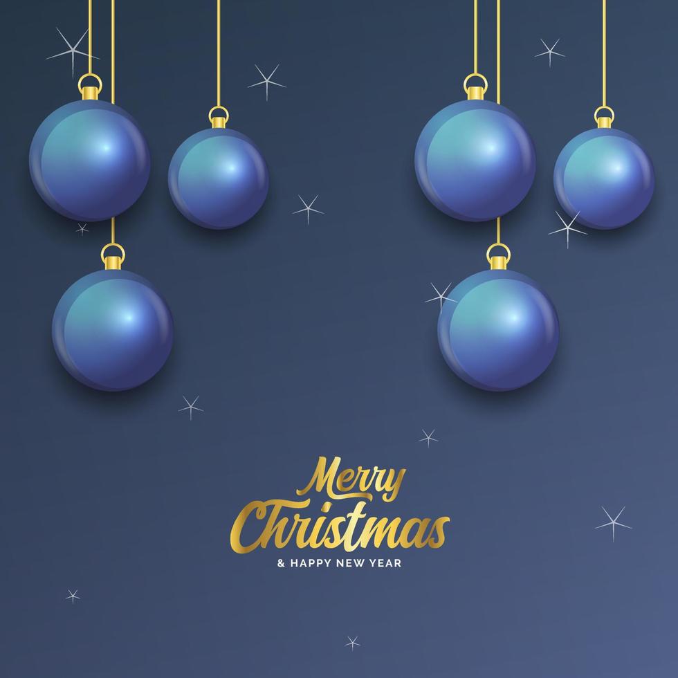 Merry Christmas dark blue banner with balls. Christmas card vector