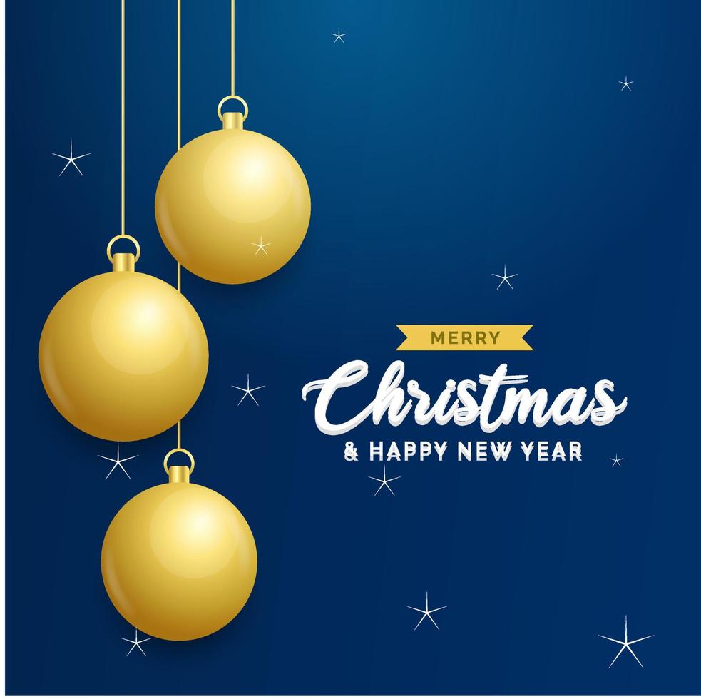 Christmas blue background with hanging shining golden balls. Merry christmas greeting card. Holiday Xmas and New Year poster. web banner vector