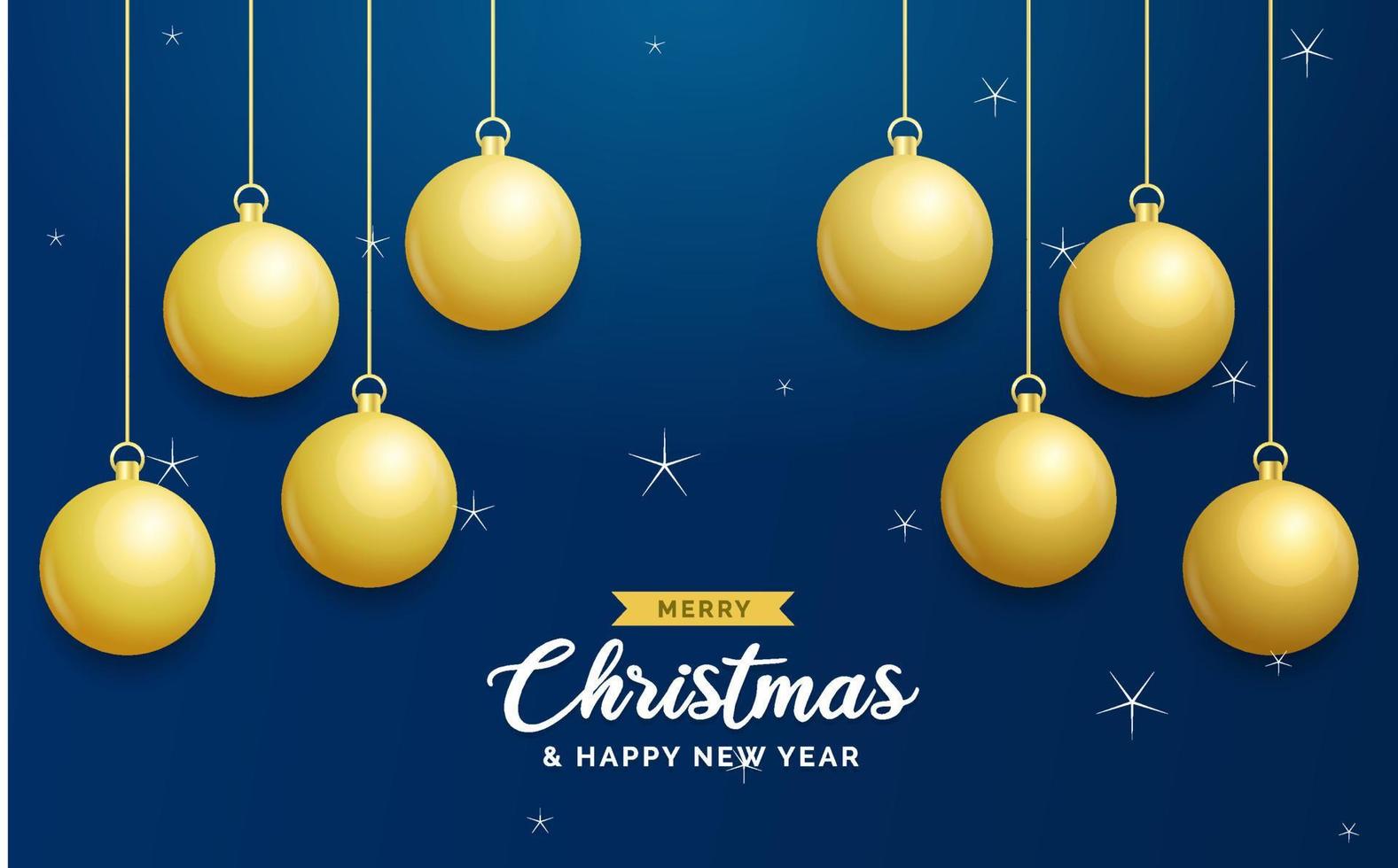 Christmas blue background with hanging shining golden balls. Merry christmas greeting card. Holiday Xmas and New Year poster. web banner vector