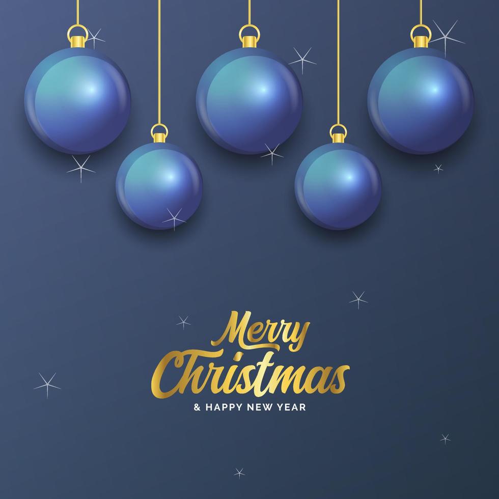 feliz navidad banner azul oscuro con bolas. tarjeta de Navidad vector