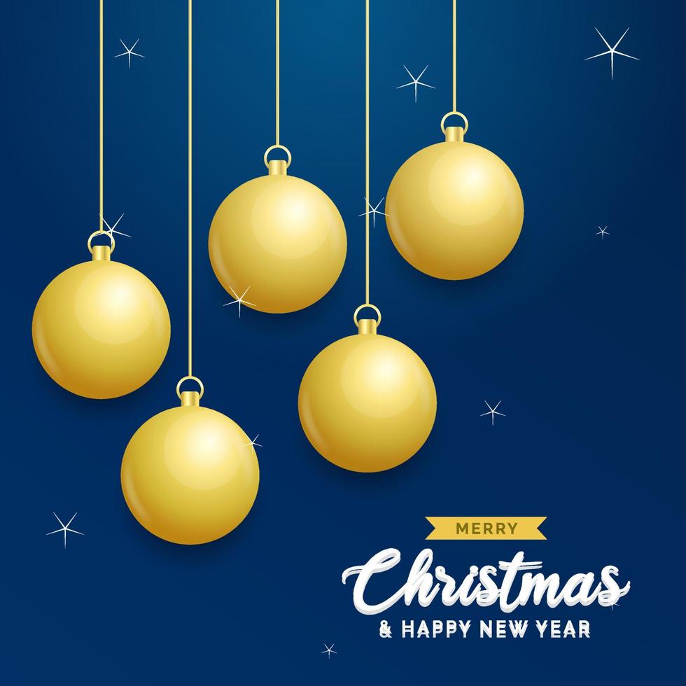 fondo azul de navidad con bolas doradas brillantes colgantes. tarjeta de felicitación de feliz navidad. cartel de vacaciones de navidad y año nuevo. banner web vector