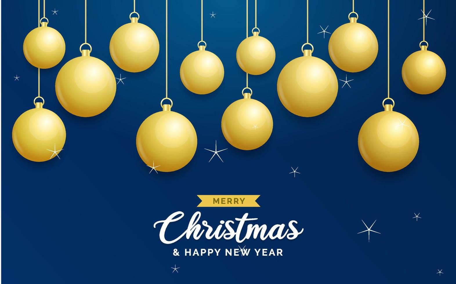 fondo azul de navidad con bolas doradas brillantes colgantes. tarjeta de felicitación de feliz navidad. cartel de vacaciones de navidad y año nuevo. banner web vector