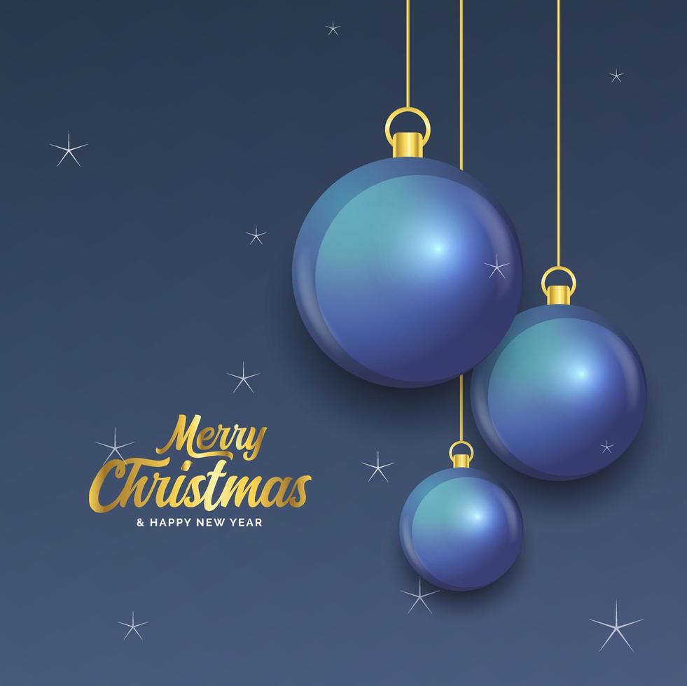 feliz navidad banner azul oscuro con bolas. tarjeta de Navidad vector