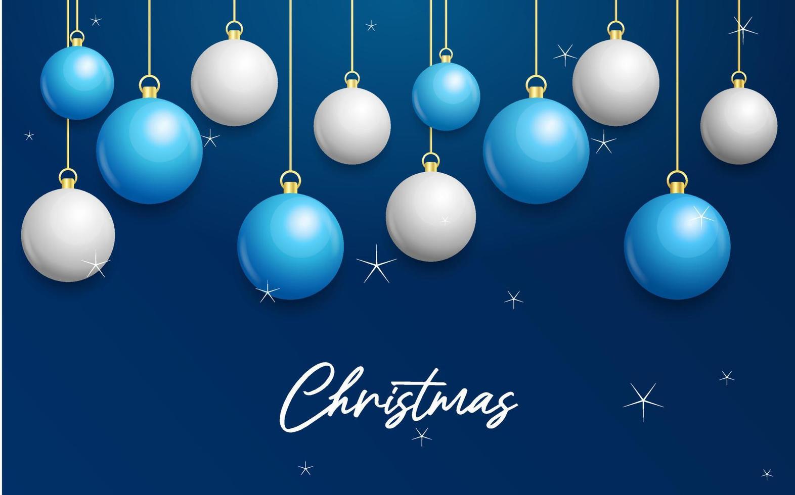 fondo azul navideño con bolas colgantes blancas y plateadas brillantes. feliz navidad tarjeta de felicitacion vector