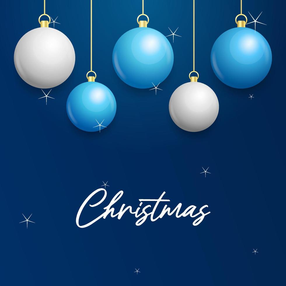 fondo azul navideño con bolas colgantes blancas y plateadas brillantes. feliz navidad tarjeta de felicitacion vector