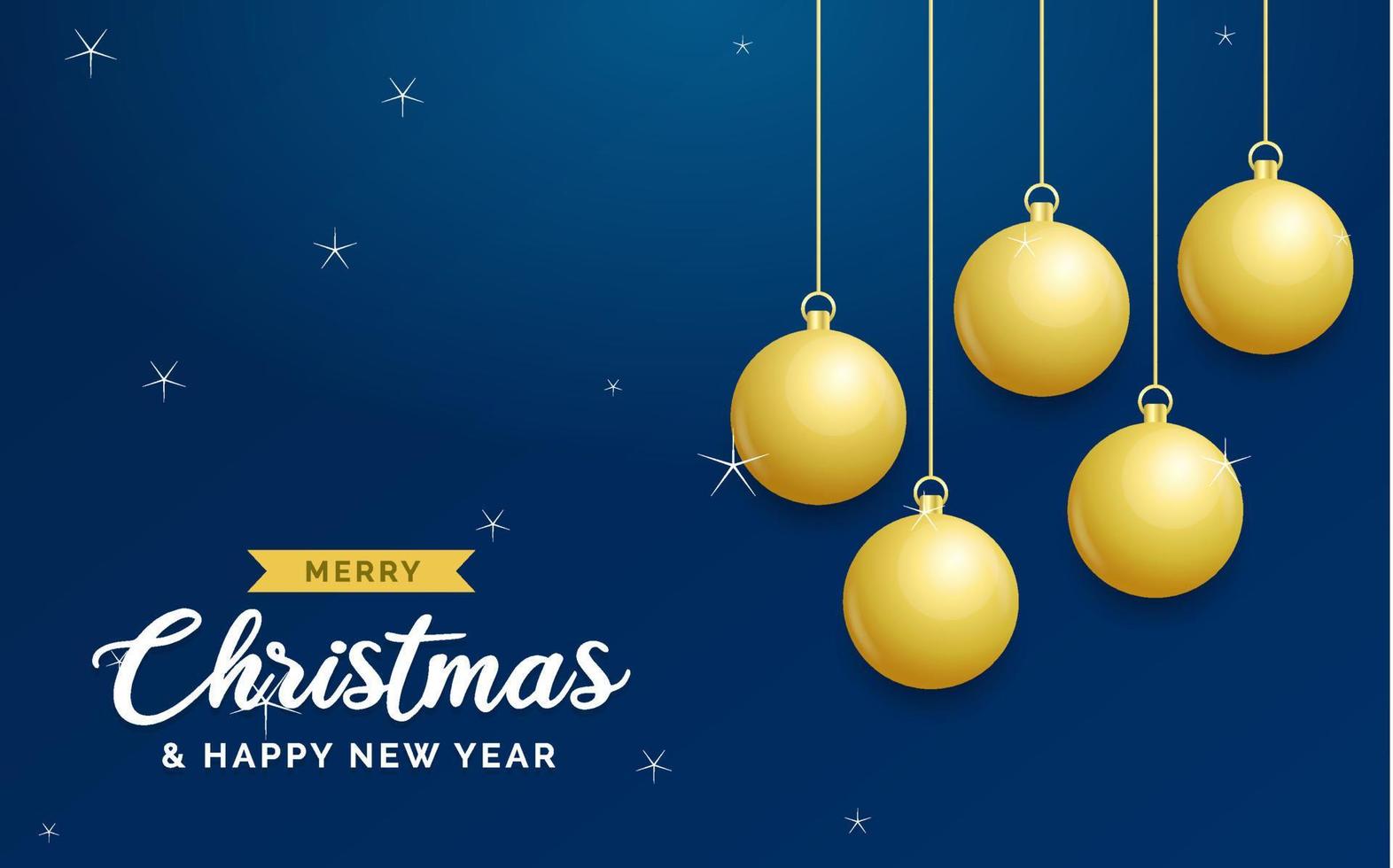 Christmas blue background with hanging shining golden balls. Merry christmas greeting card. Holiday Xmas and New Year poster. web banner vector